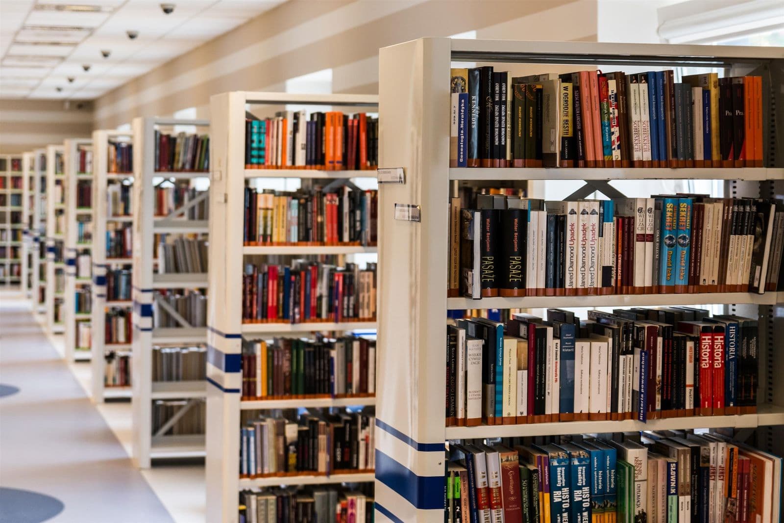Bookshelves in a library